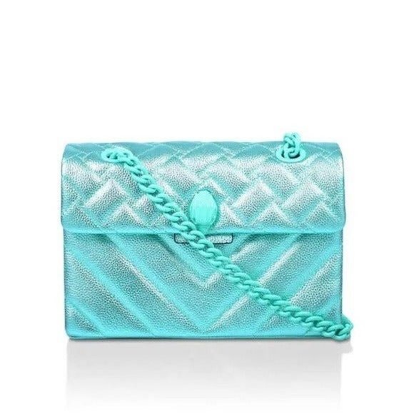 Kurt Geiger Quilted Large Kensington Drench Metallic Green Leather NWT Chain - Picture 1 of 10